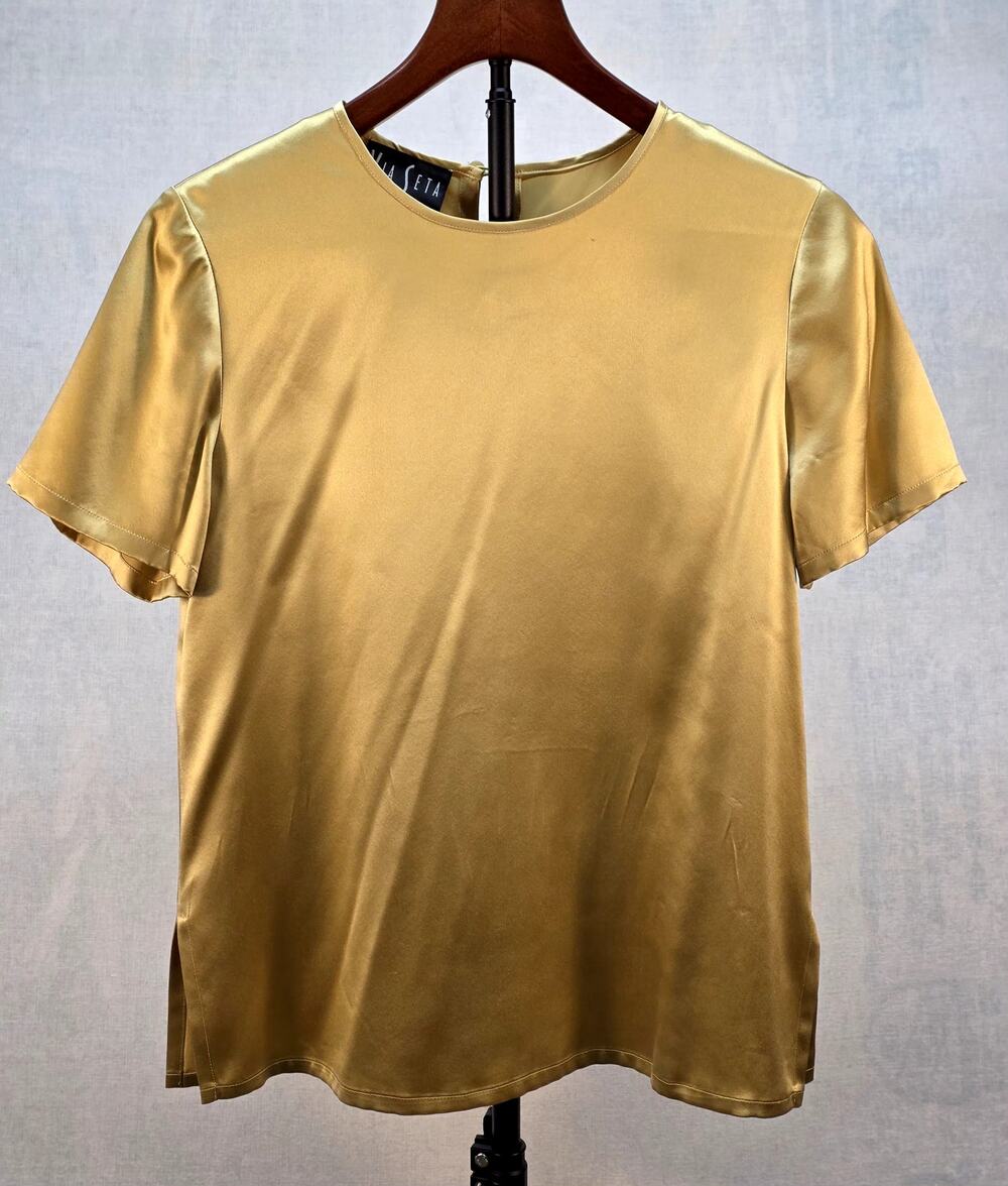 Viintage Via Seta Studio 100% Silk Blouse Top‎ Gold Yellow Short Sleeve Size 4